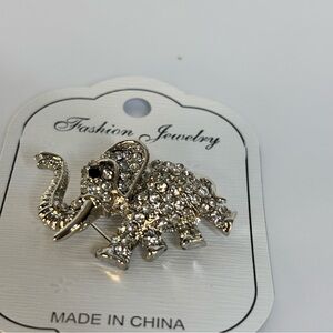 Crystal Elephant Brooch Pin - Silver Rhinestone- Black Crystal Eye